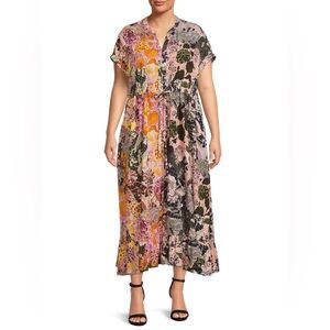 Terra Sky 1X Mandarin Collar Cap Sleeve Drawstring Maxi Dress Batik Boho